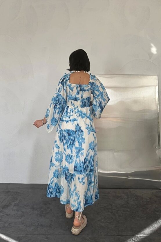 Mavi Arkası Gipeli Uzun Elbise