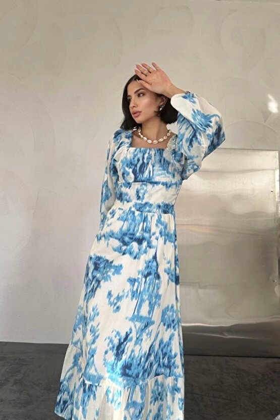 Mavi Arkası Gipeli Uzun Elbise