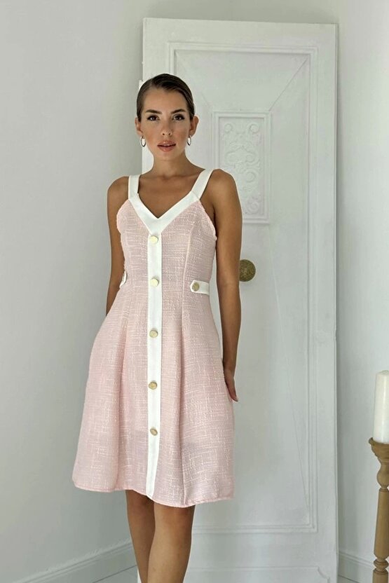 Pudra Ekru Süs Cepli Askılı Elbise