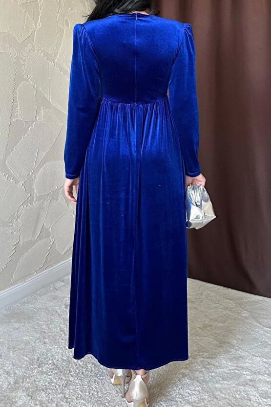 Saks Göğüs Altı Taşlı Elbise