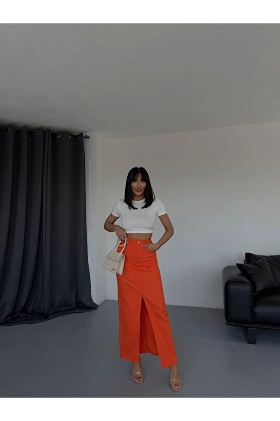 GABARDİN UZUN ÖNDEN YIRTMAÇLI ETEK - Turuncu