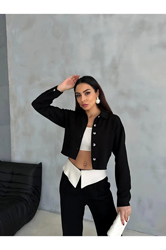 KETEN GÖMLEK-CROP-SALAŞ PANTOLON TAKIM - Siyah