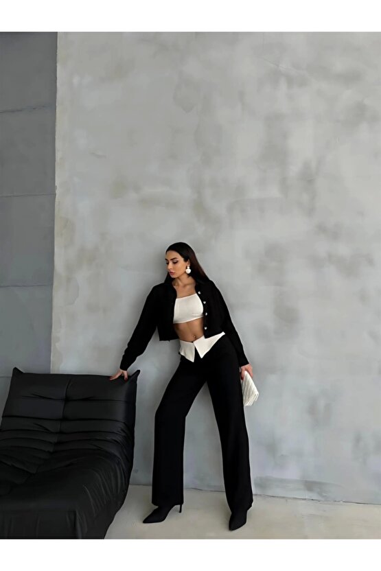 KETEN GÖMLEK-CROP-SALAŞ PANTOLON TAKIM - Siyah