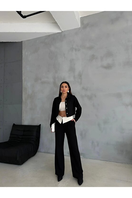 KETEN GÖMLEK-CROP-SALAŞ PANTOLON TAKIM - Siyah