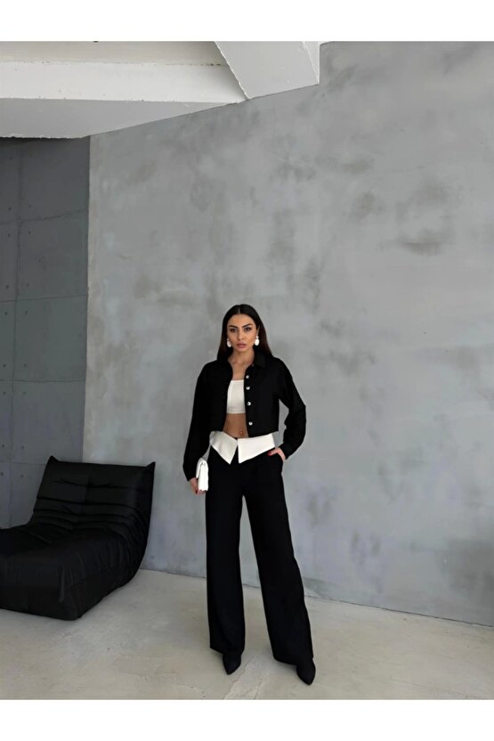 KETEN GÖMLEK-CROP-SALAŞ PANTOLON TAKIM - Siyah