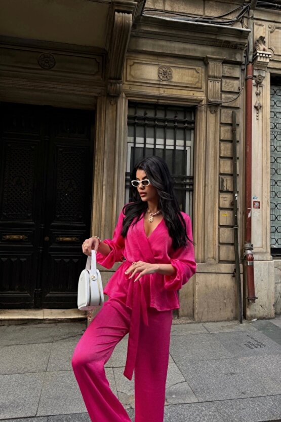 SATEN KRUVAZE BAĞLAMALI BLUZ- PANTOLON TAKIM - Fuşya