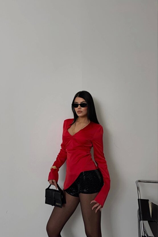 SATEN ANVELOP BLUZ MANŞET KOL - Kırmızı