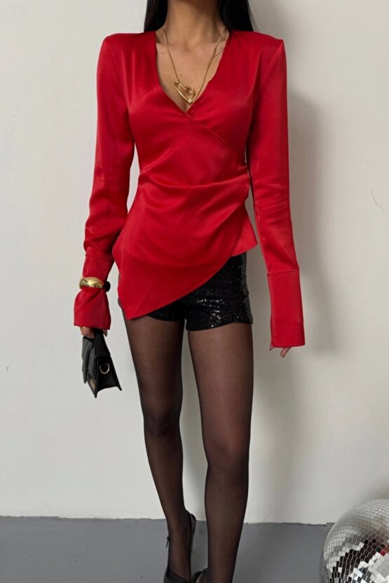 SATEN ANVELOP BLUZ MANŞET KOL - Kırmızı