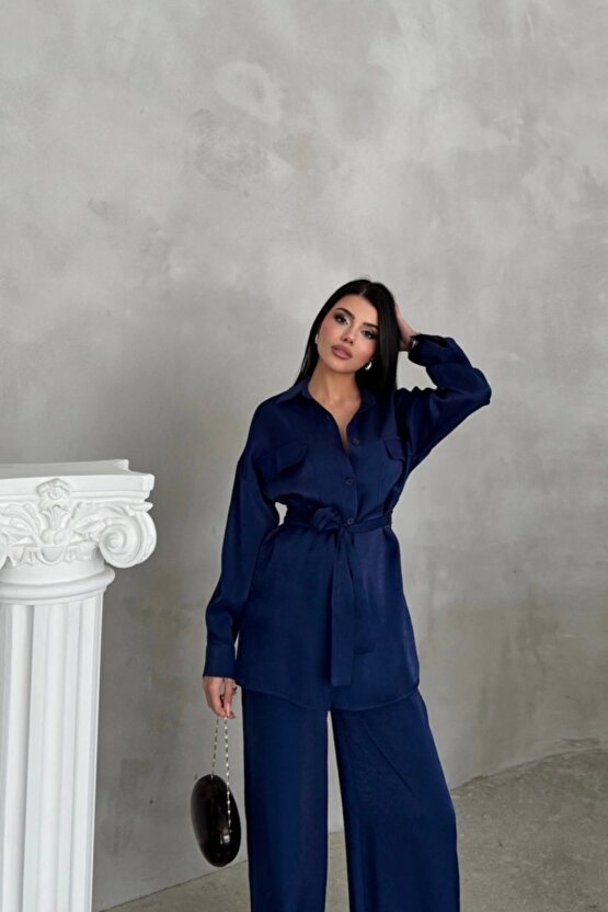 SİMLİ KUMAŞ SALAŞ PANTOLON - GÖMLEK TAKIM - Lacivert