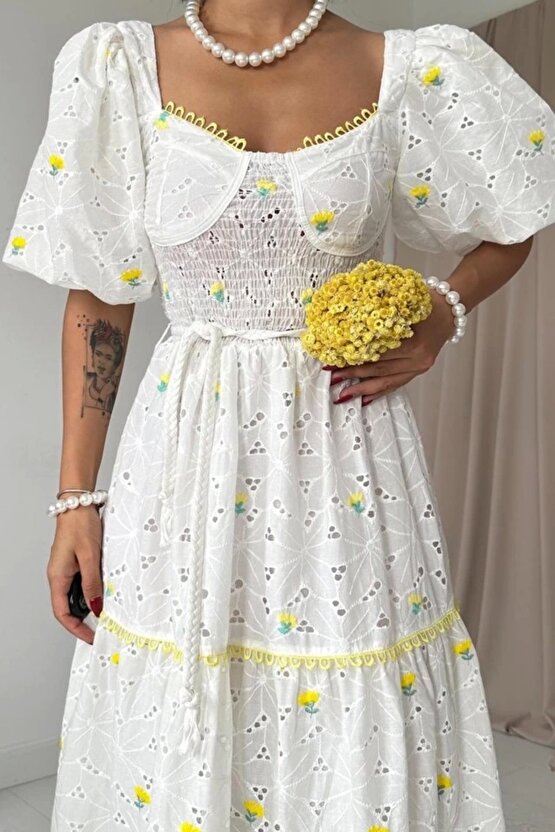 Sarı Dantel Detaylı Brode Elbise