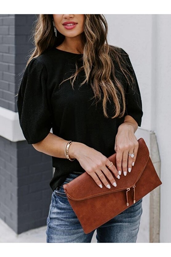 Kadın Kısa Kollu Pileli Balın Kol Bürümcük Bluz