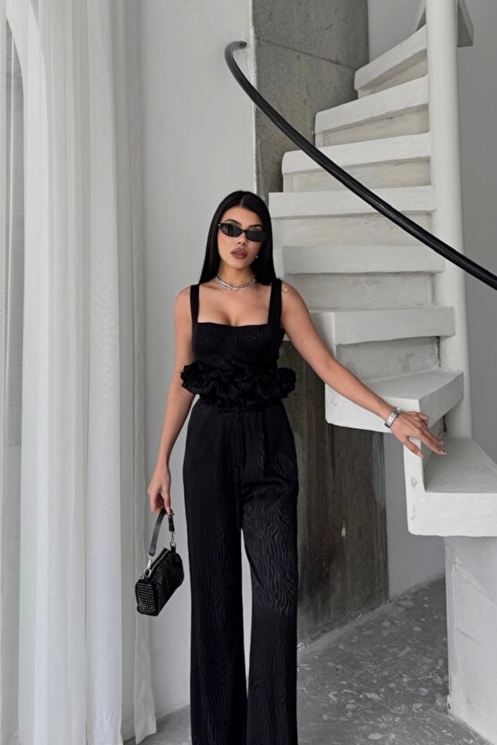 JAKARLI BLUZU TASARIM DETAYLI CEKET-PANTOLON-BLUZ 3 LÜ TAKIM - Siyah