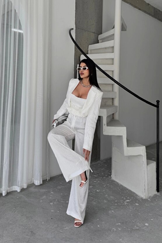 JAKARLI BLUZU TASARIM DETAYLI CEKET-PANTOLON-BLUZ 3 LÜ TAKIM - Beyaz