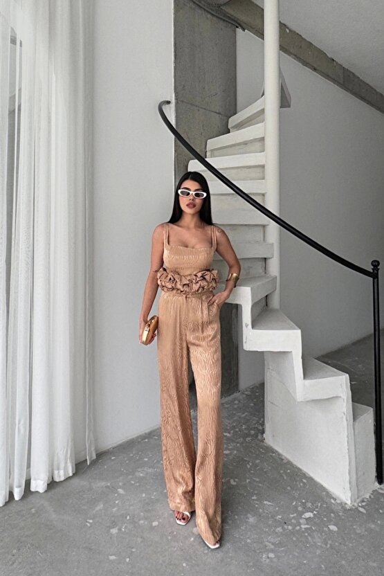 JAKARLI BLUZU TASARIM DETAYLI CEKET-PANTOLON-BLUZ 3 LÜ TAKIM - Bej