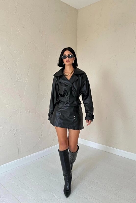 Siyah Kemerli Deri Ceket