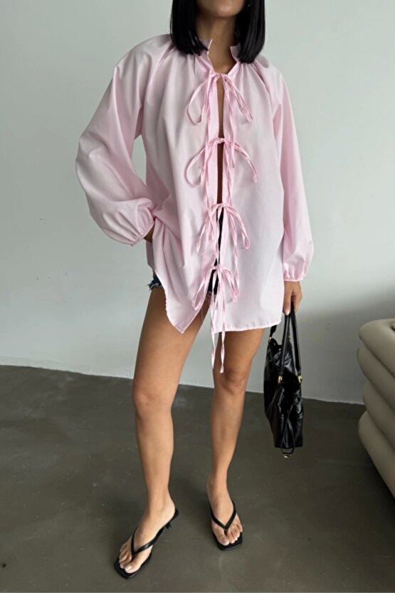 GÖMLEK POPLİN HAKİM YAKA ÖNDEN BAĞLAMA İP DETAYLI - Pembe