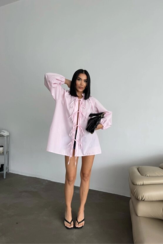 GÖMLEK POPLİN HAKİM YAKA ÖNDEN BAĞLAMA İP DETAYLI - Pembe