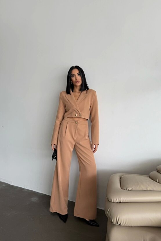 CROP CEKET - PANTOLON TAKIM GOLD DÜĞME DETAYLI - Kahverengi