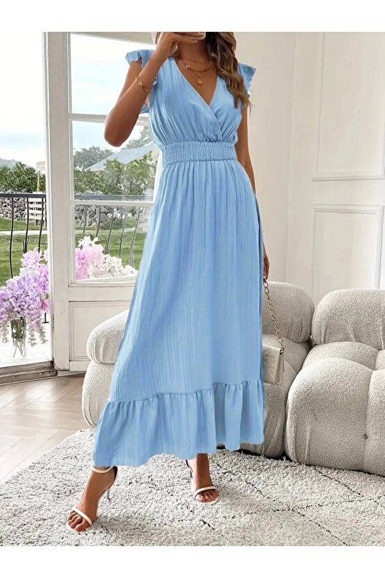 Kadın Kısa Kollu Kruvaze Yakalı Beli Lastikli Müslim Elbise