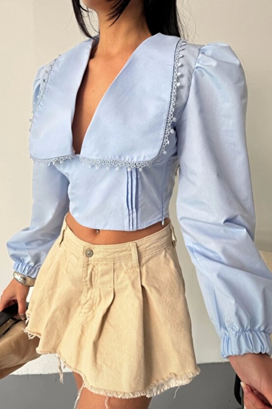 CROP POPLİN GÖMLEK YAKA KENAR DANTEL DETAYLI - Bebe Mavi