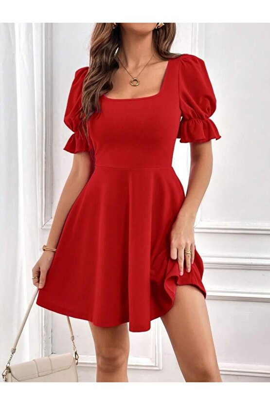 Kadın Kısa Kollu Kare Yakalı Kiloş Ithal Krep Elbise