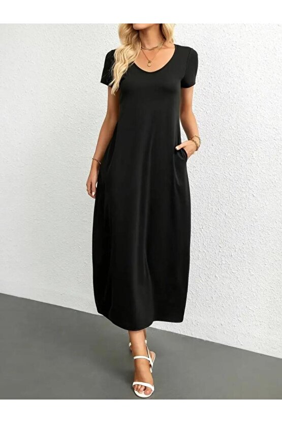 Kadın Kısa Kollu Yakası Yuvarlak Cepli Viskon Elbise