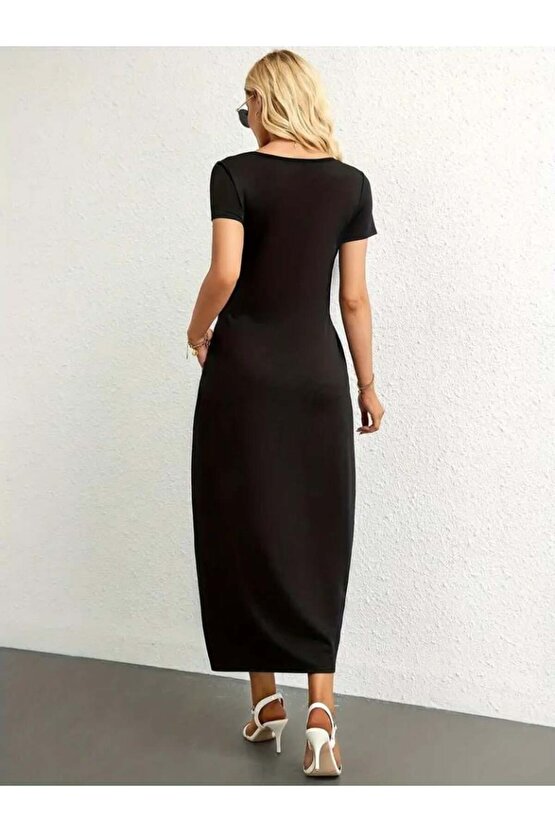 Kadın Kısa Kollu Yakası Yuvarlak Cepli Viskon Elbise