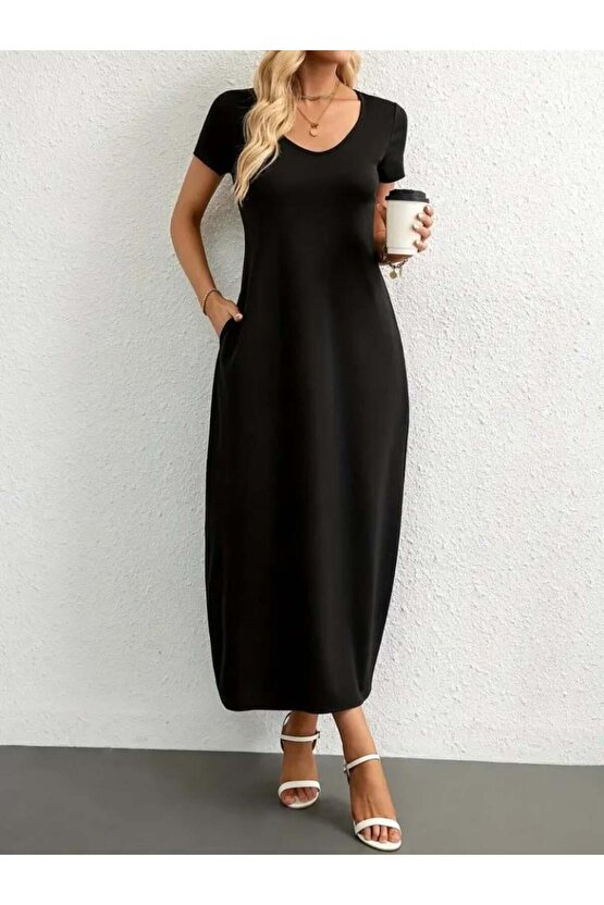 Kadın Kısa Kollu Yakası Yuvarlak Cepli Viskon Elbise