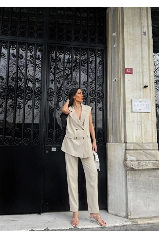 ÇİZGİİ UZUN YEEK PANTOON TAKI POVİCON Bej