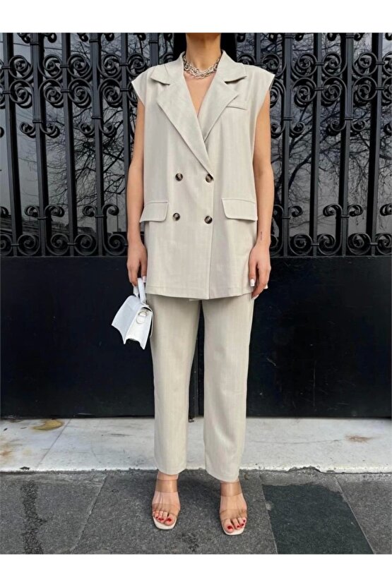 ÇİZGİİ UZUN YEEK PANTOON TAKI POVİCON Bej