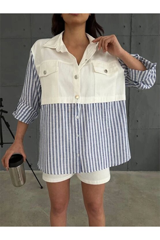 GABARDİN ŞORT  GABARDİN  ÇİZGİİ KETEN GARNİİ CEKET TAKI  acivert