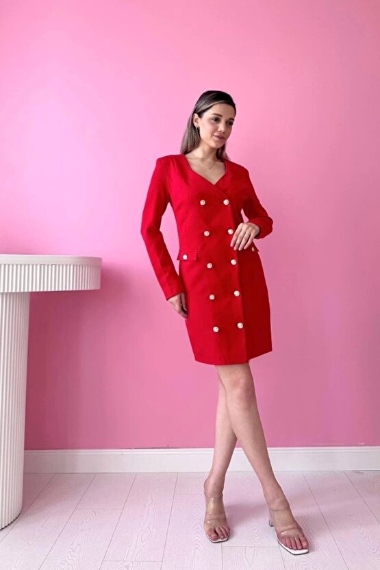 Kırmızı Gold Düğmeli Ceket Elbise