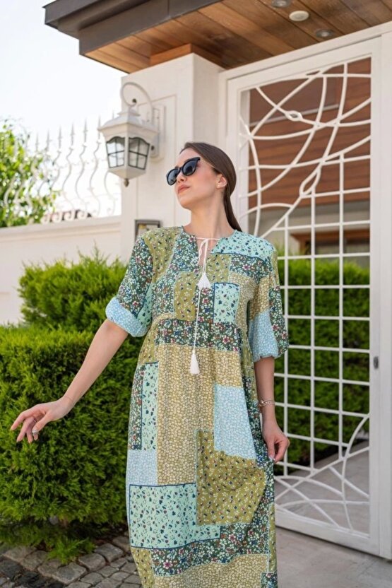 Yeşil alaş Desenli Elbise