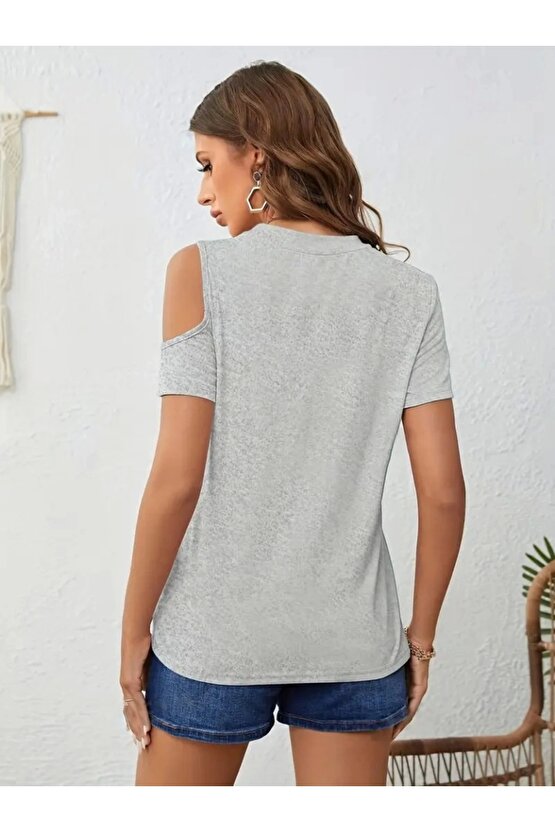 Kadın Kısa Kollu Tek Omuzu Açık Damla Detaylı Viskon Bluz