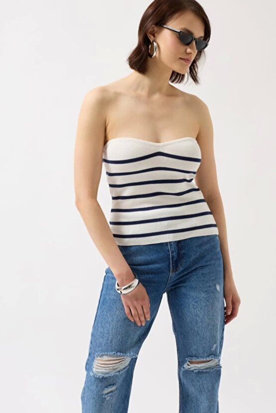 Çizgili traplez Dokulu Bluz