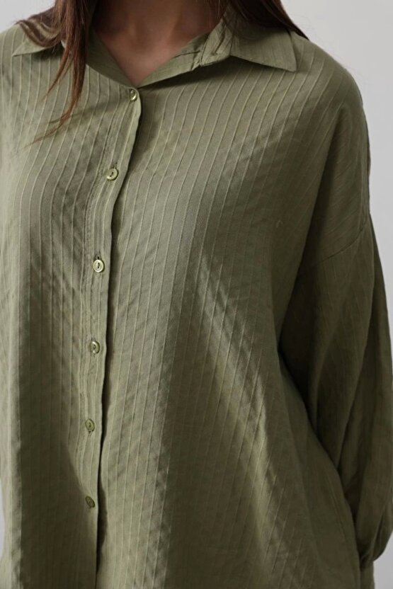 Çizgili Uzun Kol Gömlek Haki