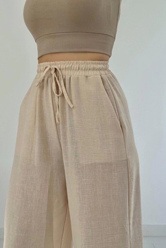 Bej Keten Pantolon