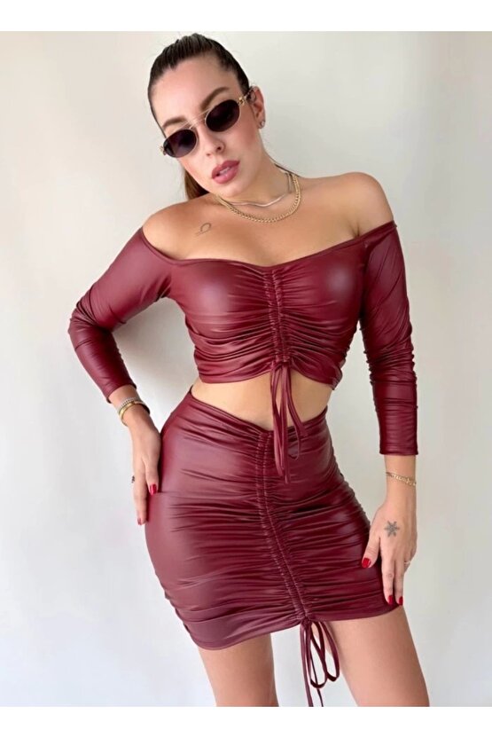 Kadın Büzgülü Deri Etek Takım Fırsat Ürün