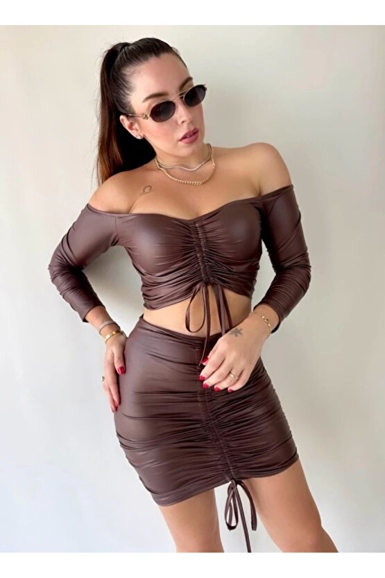 Kadın Büzgülü Deri Etek Takım Fırsat Ürün