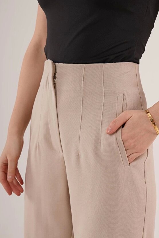 Çift Pens Detaylı Krem Pantolon