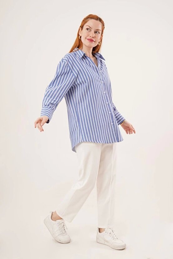 Çift Çizgi Geçişli Düğmeli avi Gömlek