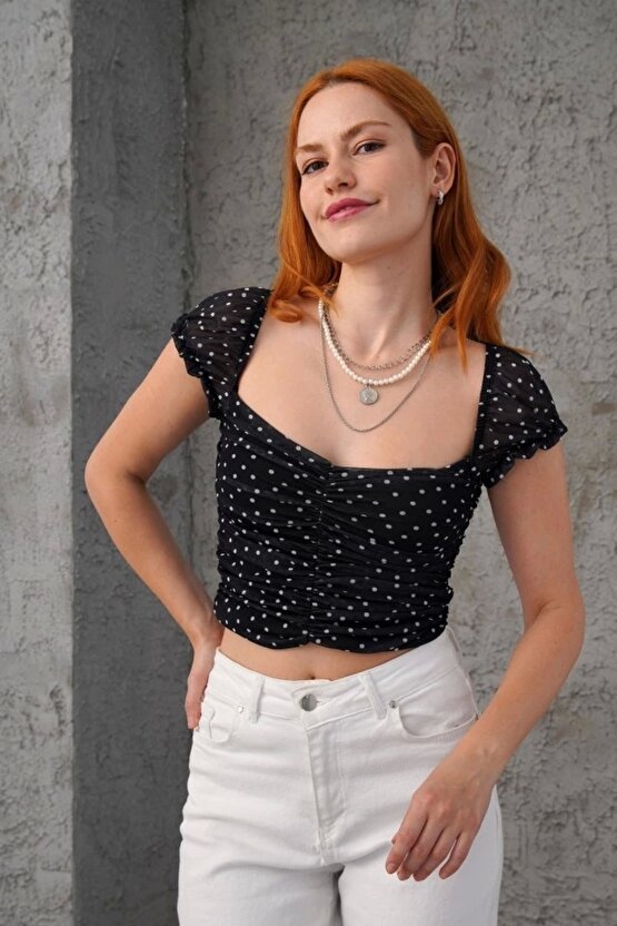 Puantiyeli Belden Oturtmalı Tül iyah Bluz