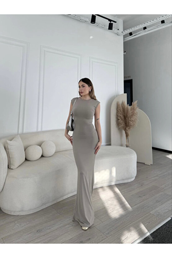Kolsuz Uzun Likralı Elbise Gri