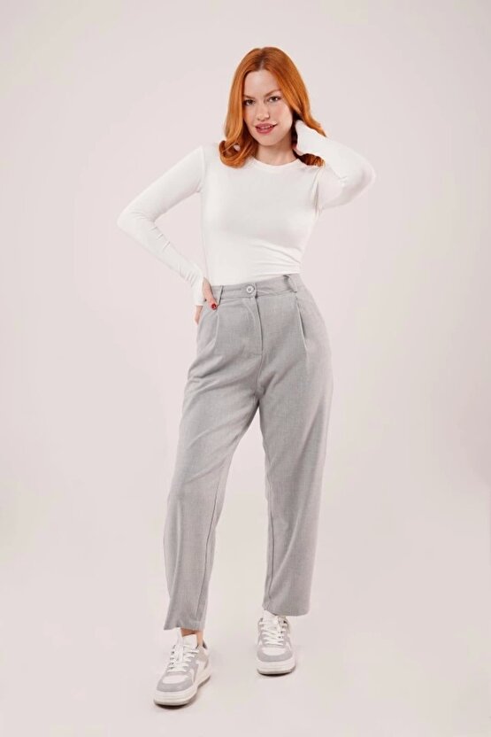 Kapama Cep Detaylı Gri Pantolon