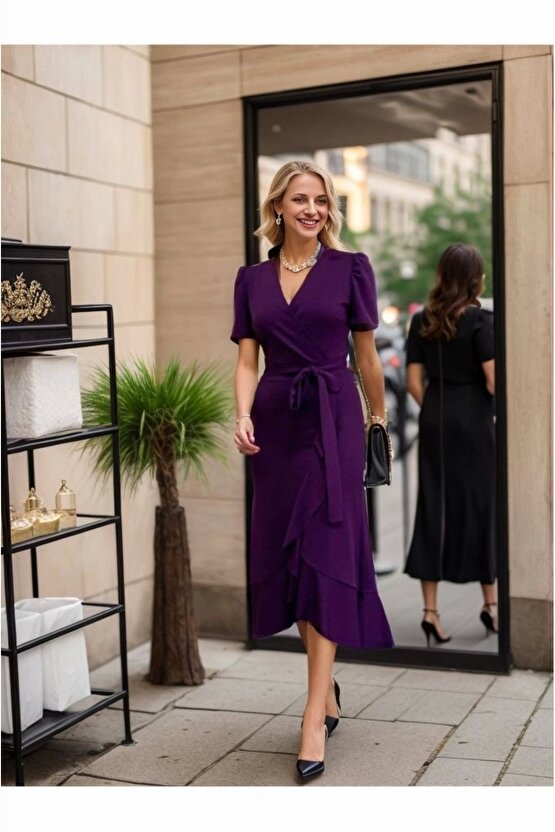 Kadın Kruvaze Yaka idi Boy Kuşaklı Krep Elbise 120 Cm