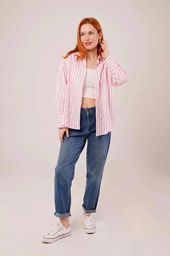 Çizgili Rahat Kesim Pembe Gömlek