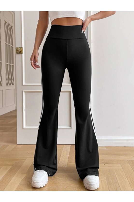 Kadın Yüksek Bel şerit Detaylı Ispanyol Paçalı Dalgıç Pantolon