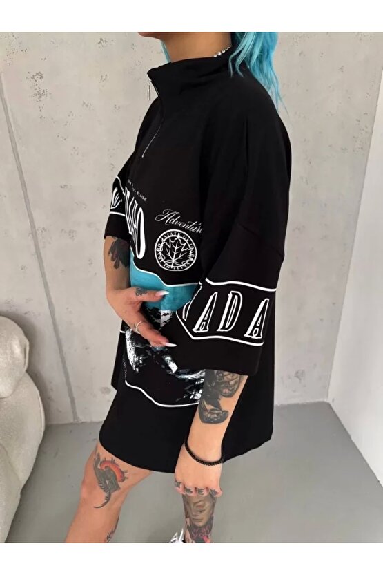 Unisex Baskılı Yarım Fermuarlı Thirt iyah
