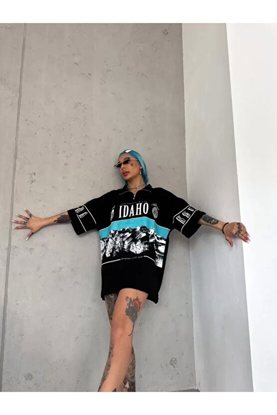 Unisex Baskılı Yarım Fermuarlı Thirt iyah