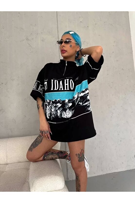 Unisex Baskılı Yarım Fermuarlı Thirt iyah